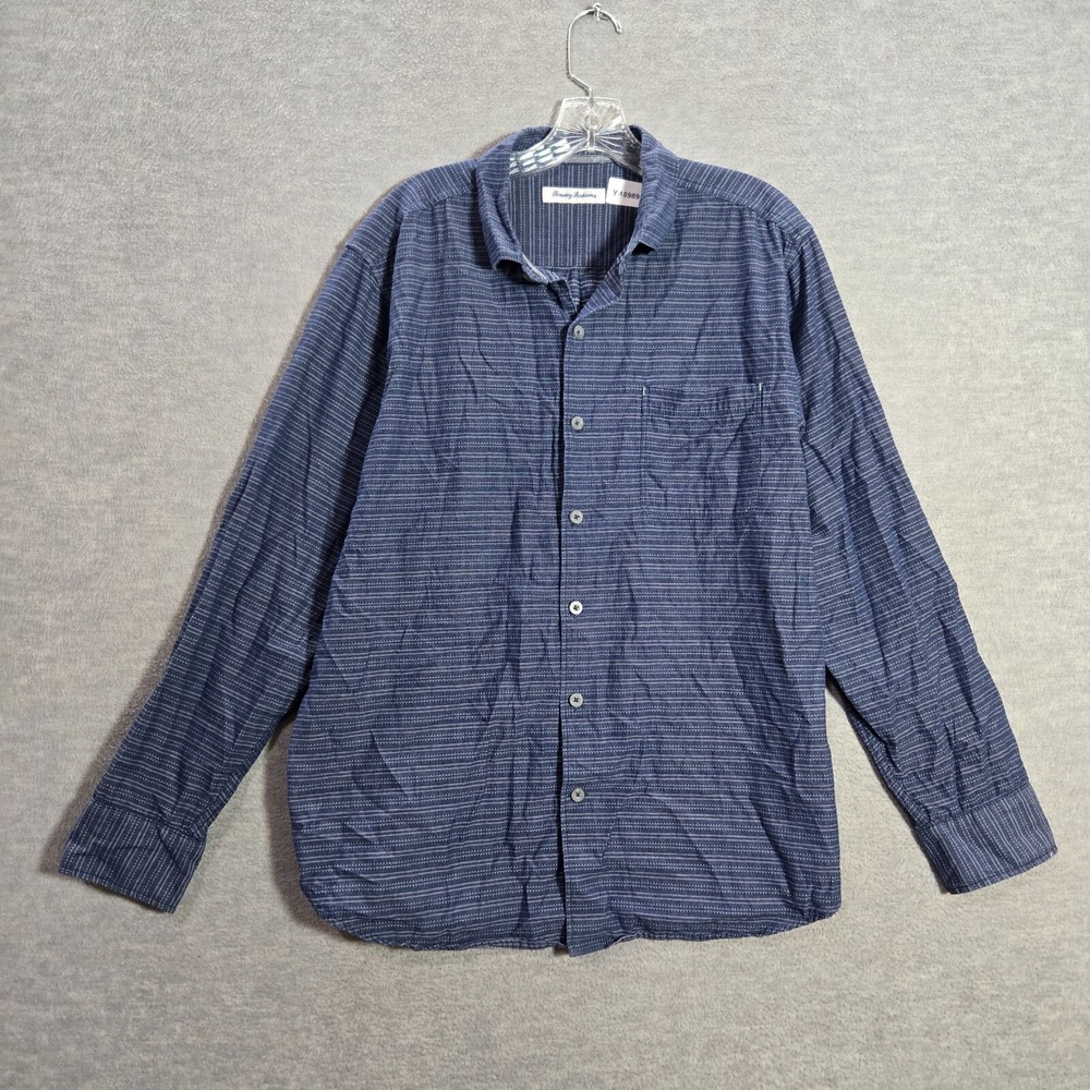 Tommy Bahama Men Button Up Shirt Large Blue Stripe Pockets Long Sleeve Collar